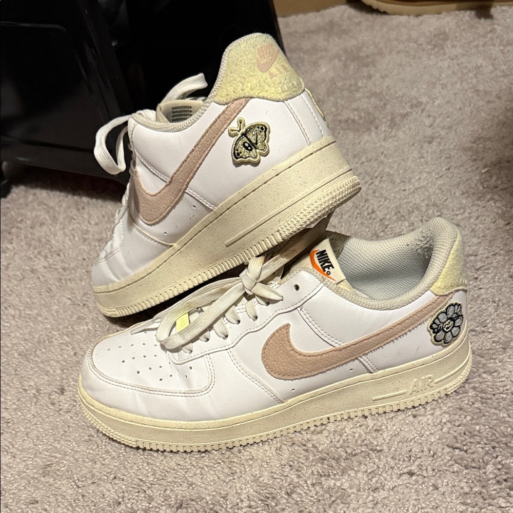 Nike Air Force 1 White and Tan with Butterfly Accent